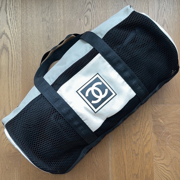 Chanel Sports CC Logo Duffle Nylon Mesh Black Grey Gray Gym Tennis Travel Bag - Picture 3 of 17